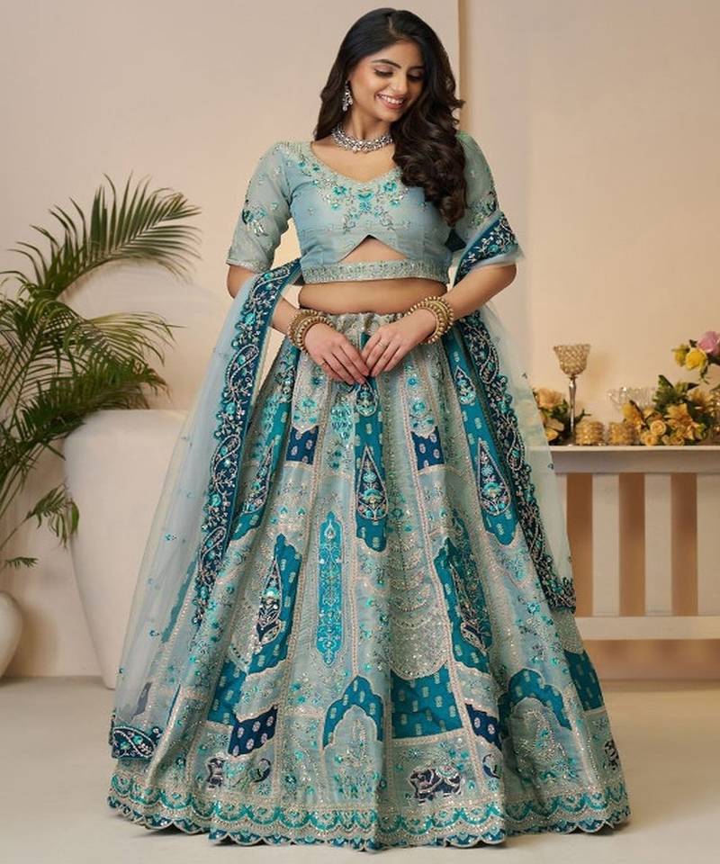 Embroidered Sequinned Semi Stitched Lehenga & Unstitched Blouse With Dupatta