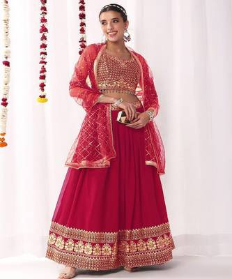 Floral Embroidered Sequinned Georgette Lehenga Tasselled Choli With Dupatta 1