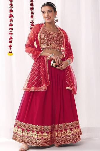 Floral Embroidered Sequinned Georgette Lehenga Tasselled Choli With Dupatta