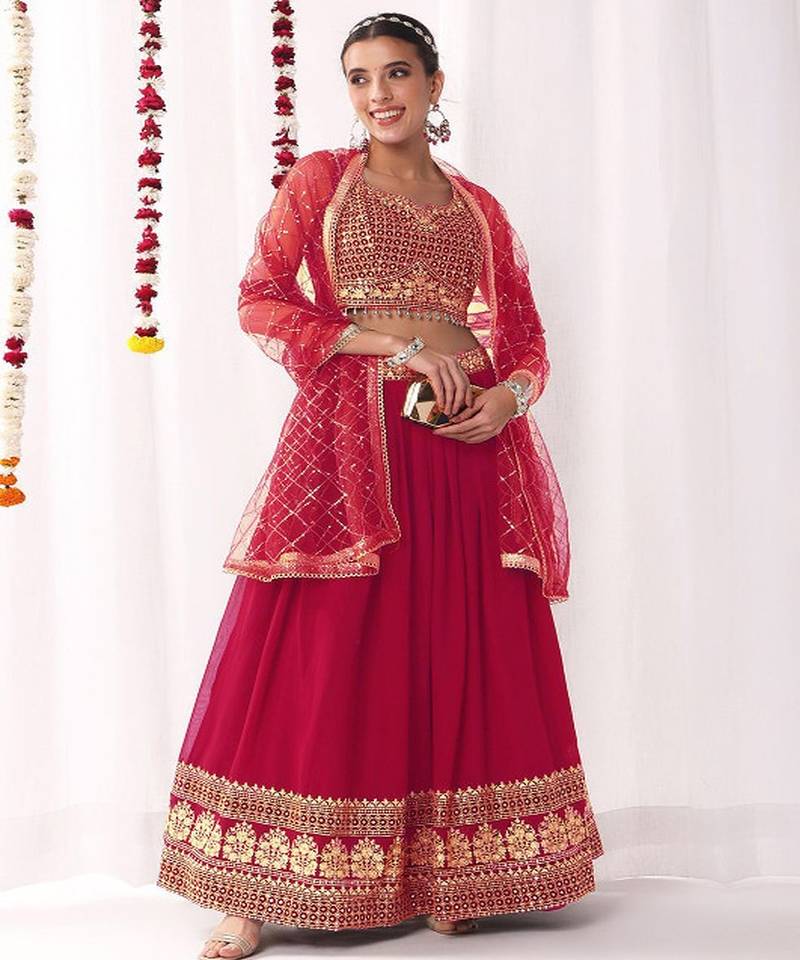 Floral Embroidered Sequinned Georgette Lehenga Tasselled Choli With Dupatta