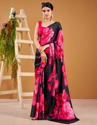 Pink satin silk floral printed smoothness saree 1