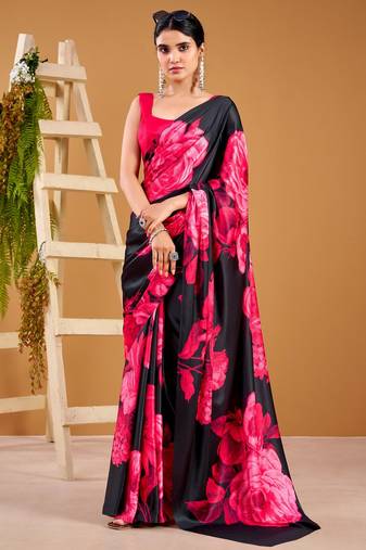 Pink satin silk floral printed smoothness saree