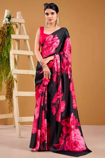 Pink satin silk floral printed smoothness saree