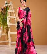 Pink satin silk floral printed smoothness saree