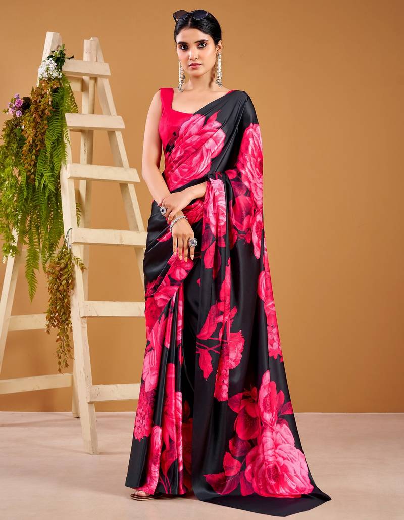 Pink satin silk floral printed smoothness saree