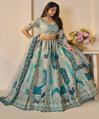 Embroidered Sequinned Semi Stitched Lehenga & Unstitched Blouse With Dupatta 4