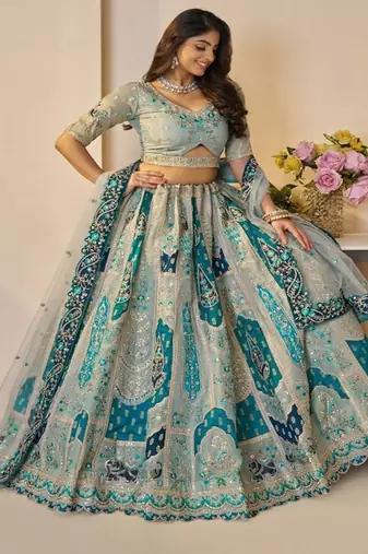 Embroidered Sequinned Semi Stitched Lehenga & Unstitched Blouse With Dupatta