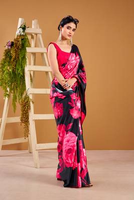 Pink satin silk floral printed smoothness saree 3
