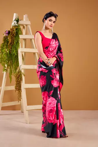 Pink satin silk floral printed smoothness saree