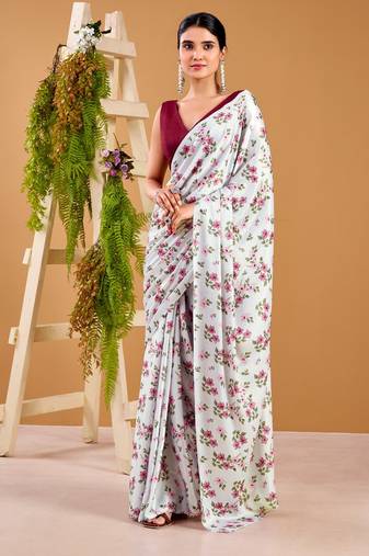 Off White satin silk floral printed smoothness saree