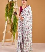 Off White satin silk floral printed smoothness saree