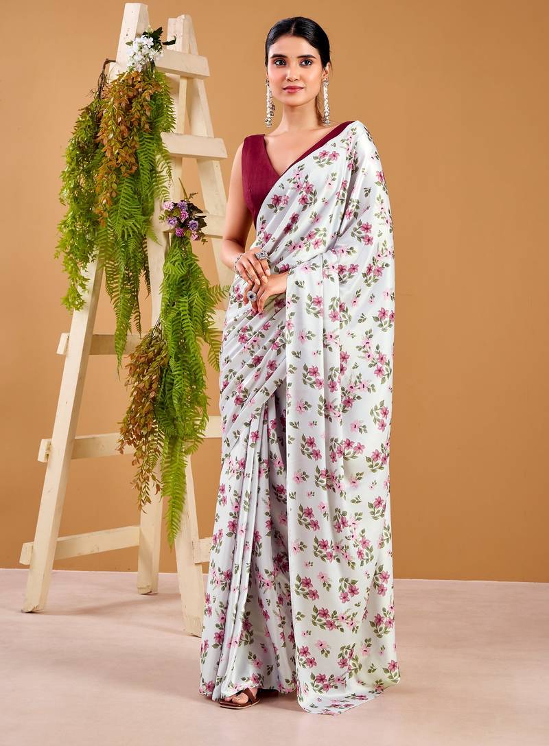Off White satin silk floral printed smoothness saree