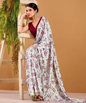 Off White satin silk floral printed smoothness saree 2