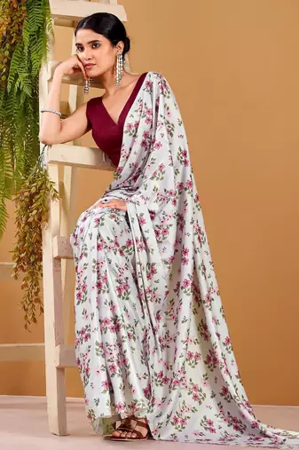 Off White satin silk floral printed smoothness saree