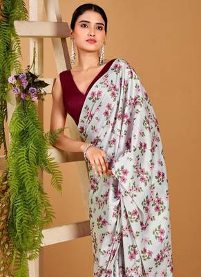Off White satin silk floral printed smoothness saree 3