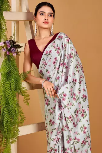 Off White satin silk floral printed smoothness saree