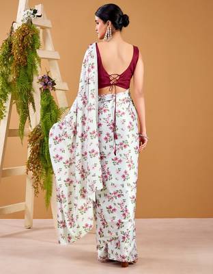 Off White satin silk floral printed smoothness saree 4