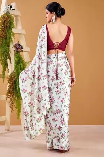 Off White satin silk floral printed smoothness saree