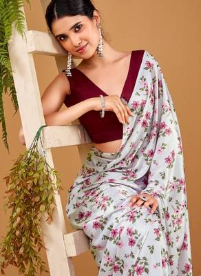 Off White satin silk floral printed smoothness saree 5