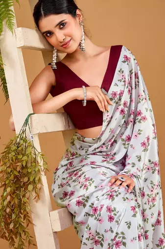 Off White satin silk floral printed smoothness saree