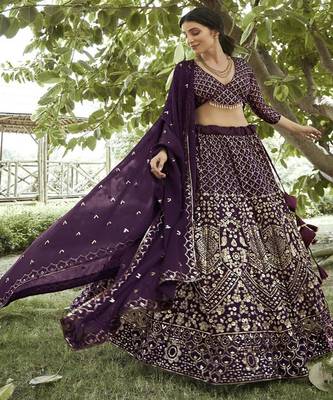 Embroidered Sequinned Semi Stitched Lehenga & Unstitched Blouse With Dupatta 4