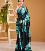 Teal satin silk floral printed smoothness saree