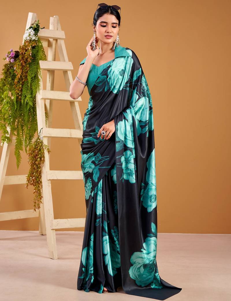 Teal satin silk floral printed smoothness saree