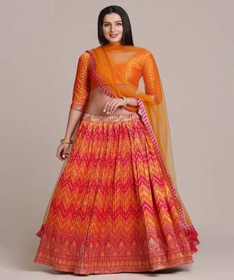 Orange & Gold Toned Semi Stitched Lehenga Choli With Dupatta 1