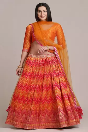 Orange & Gold Toned Semi Stitched Lehenga Choli With Dupatta