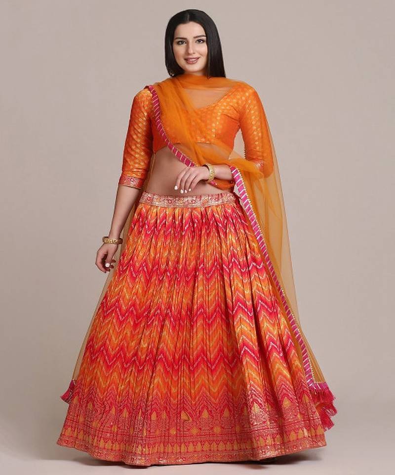 Orange & Gold Toned Semi Stitched Lehenga Choli With Dupatta