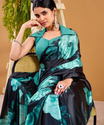 Teal satin silk floral printed smoothness saree 2