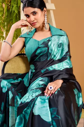 Teal satin silk floral printed smoothness saree