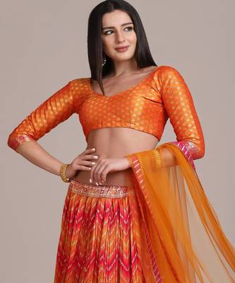 Orange & Gold Toned Semi Stitched Lehenga Choli With Dupatta 2