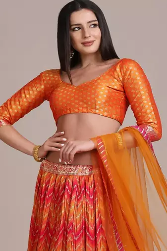 Orange & Gold Toned Semi Stitched Lehenga Choli With Dupatta