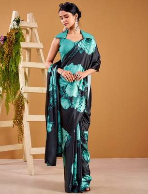 Teal satin silk floral printed smoothness saree 3