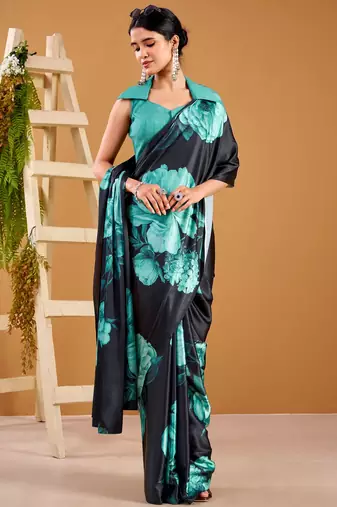 Teal satin silk floral printed smoothness saree