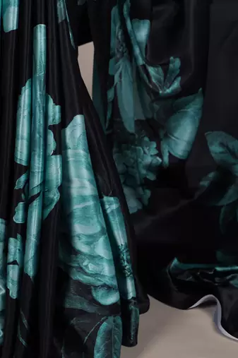 Teal satin silk floral printed smoothness saree