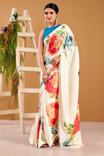 off-white satin silk floral printed smoothness saree
