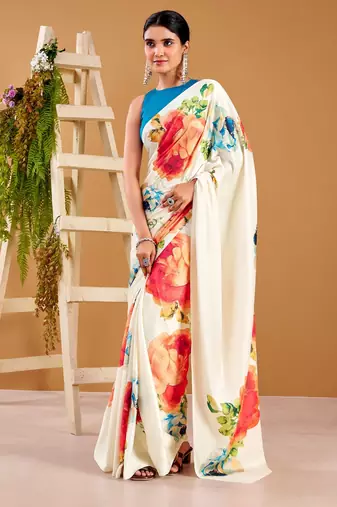 off-white satin silk floral printed smoothness saree