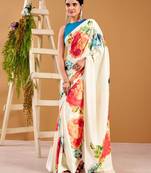 off-white satin silk floral printed smoothness saree