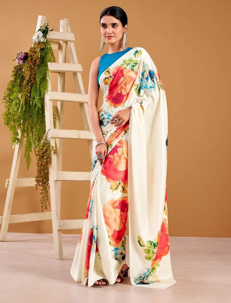 off-white satin silk floral printed smoothness saree