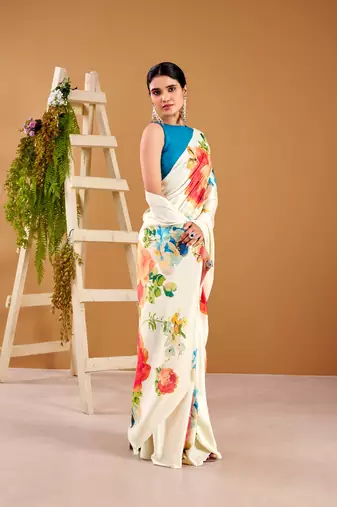 off-white satin silk floral printed smoothness saree