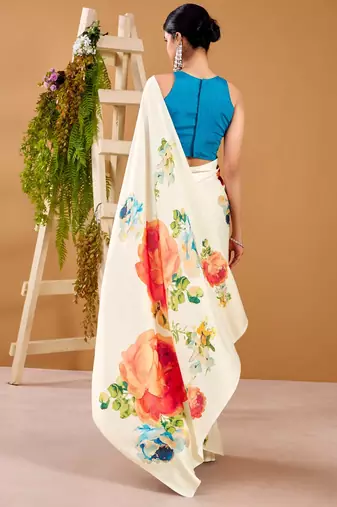 off-white satin silk floral printed smoothness saree