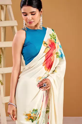 off-white satin silk floral printed smoothness saree
