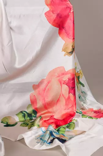 off-white satin silk floral printed smoothness saree
