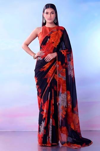 Black weightless marble floral printed with lace border saree