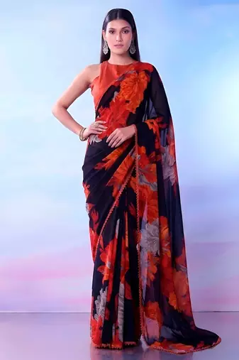Black weightless marble floral printed with lace border saree