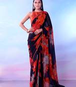 Black weightless marble floral printed with lace border saree