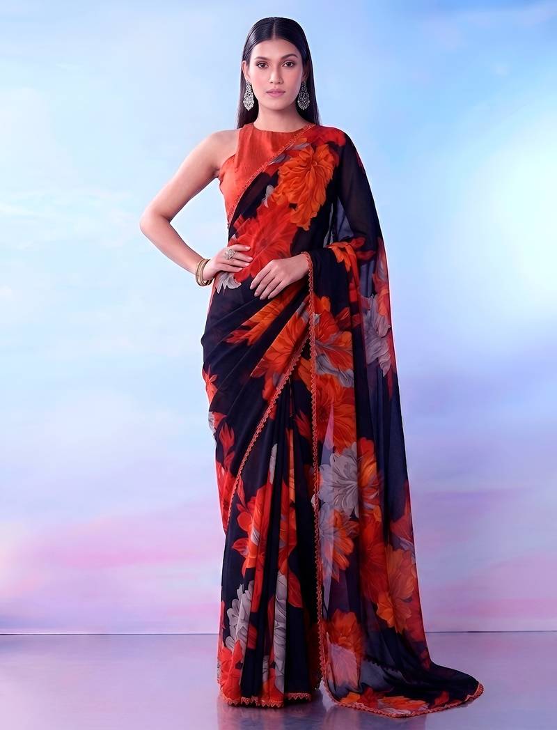Black weightless marble floral printed with lace border saree