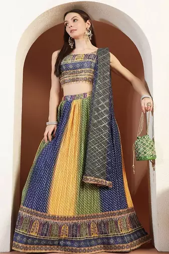 Embellished & Bandini Printed Tasseled Choli Lehanga & Sequinned Dupatta Set